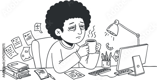 A stressed young man at his messy desk holding a coffee cup while working.