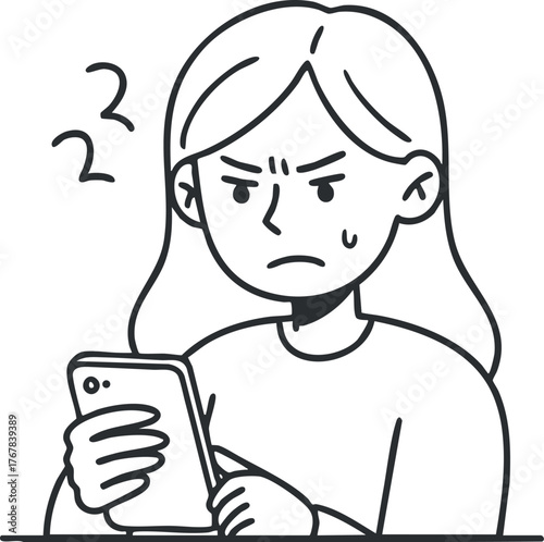 A frustrated woman looking at her smartphone, expressing anger and annoyance through her facial expression.