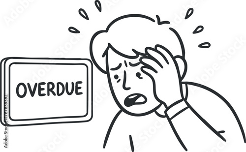 A stressed person reacting to an overdue deadline sign with feelings of anxiety and frustration.