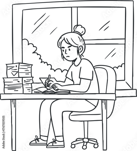 A woman sketching at a desk surrounded by books and sunlight coming through a window.