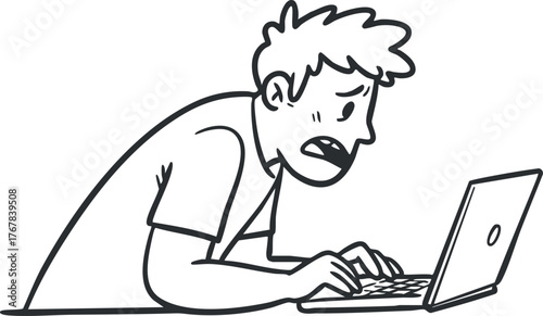 A frustrated man struggles with technology while working on his laptop in a home office.