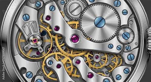 Intricate mechanical watch movement with gleaming gears and precision components.