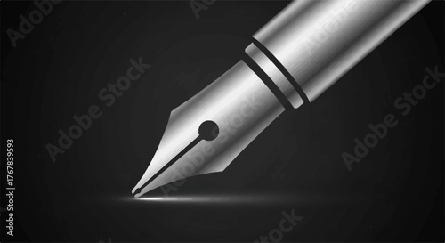 Elegant metallic fountain pen poised for writing, symbolizing creativity and communication on a dark background.