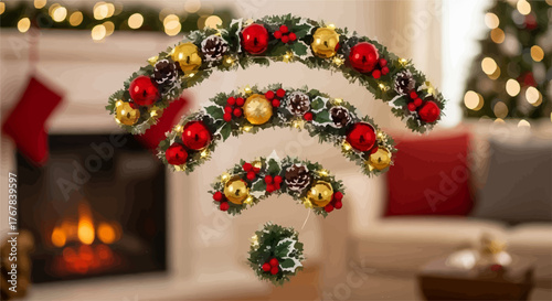 Festive Christmas garland shaped like a WiFi symbol glowing warmly by a fireplace