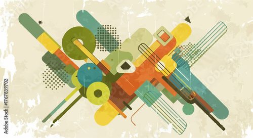 Vibrant abstract geometric shapes create dynamic, colorful composition with retro texture