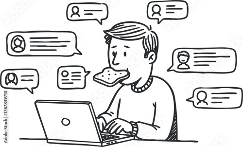 A man sits at a laptop eating a snack while engaging in online communication.