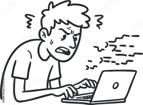 A frustrated person struggles with a laptop, expressing stress and annoyance from technology issues.