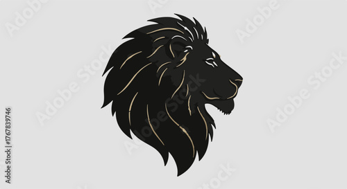 Majestic black lion head profile with golden mane accents, exuding power and regality.