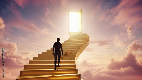 A mans spiritual journey climbing a stairway to a heavenly door in the clouds.