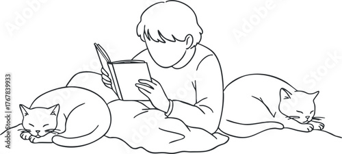 A child reading a book surrounded by two relaxed cats in a cozy indoor setting