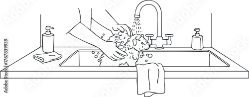 Illustration of handwashing at a sink with soap and water to promote hygiene and health.