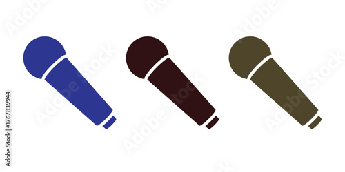 Set of three handheld dynamic microphone icons in a simple, flat silhouette style for singing, broadcasting, or podcasting.
