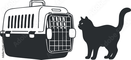 Illustration of a cat near a pet carrier symbolizing pet travel and animal care.