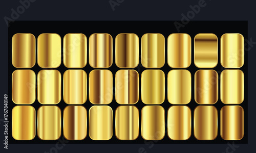 A collection of shiny metallic gold cylindrical objects arranged in rows against a dark background