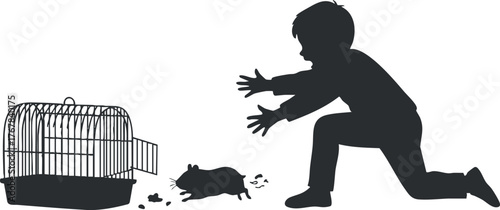 A silhouette of a boy chasing a mouse escaping from a cage.