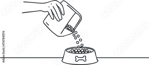 A hand pouring dog food into a bowl, emphasizing pet care and nutrition.