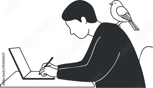 A person writing on a laptop with a bird perched nearby in a minimalist style.