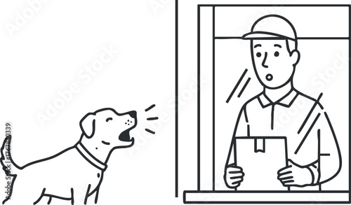 A cartoon illustration of a barking dog interacting with a delivery person at a window.
