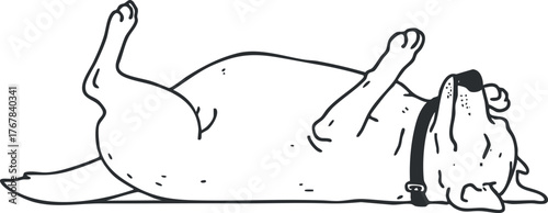 A playful cartoon dog lying on its back, showcasing relaxation and humor in a charming illustration.
