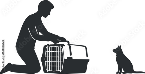 A silhouette of a person preparing an animal carrier for a dog, showcasing pet care and companionship.