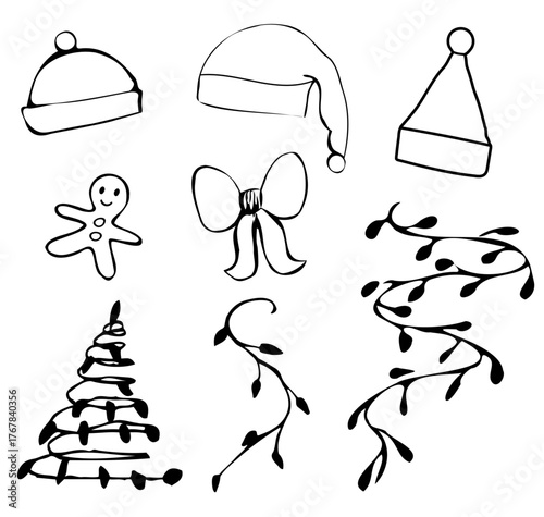 Hand drawn black line vector christmas set 2026. Christmas hats, gingerbread, bow, silhouettes of garlands. Icon illustrations.