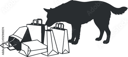 A playful illustration of a wolf with shopping bags, symbolizing consumerism in a humorous way.