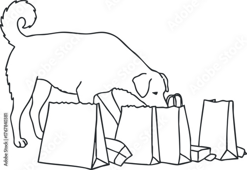 A playful dog curiously exploring shopping bags in a simple line art style illustration.