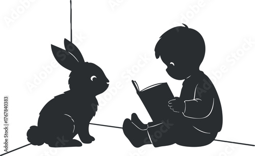 A silhouette of a child reading a book to a rabbit, showcasing imagination and companionship.