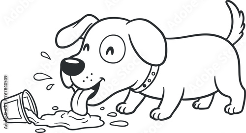 A cheerful cartoon puppy playfully spilling water from a bowl, showcasing its playful nature.