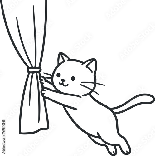 A playful cat jumping to grab a curtain with its paws in a cheerful manner.