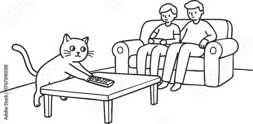 Two people relaxing on a couch while a curious cat plays with a toy on the table.