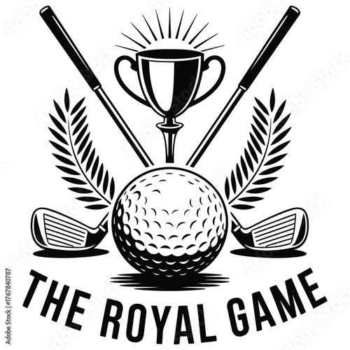 Golf emblem illustration with trophy, clubs, and golf ball, vintage sports logo design, classic golfing tournament artwork, championship victory badge, retro style black and white graphic