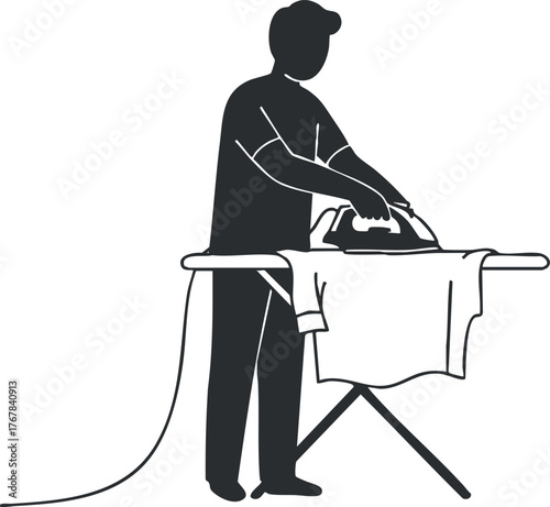 A silhouette of a man ironing a shirt on an ironing board at home.