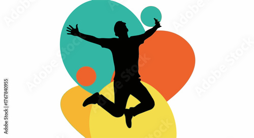 Joyful silhouette of a person jumping with arms outstretched against a vibrant, abstract background.