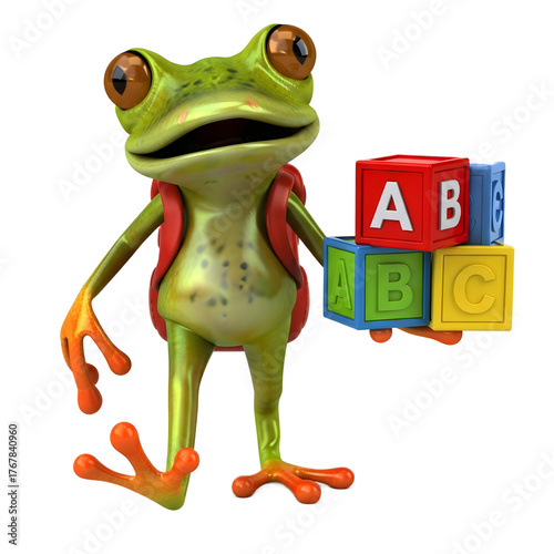 Fun frog with alphabet blocks isolated on transparent background, ready to learn
