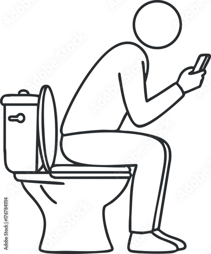 A humorous illustration of a person sitting on a toilet using a phone in a bathroom.