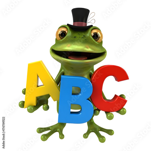Fun frog with abc letters isolated on transparent background wearing a hat