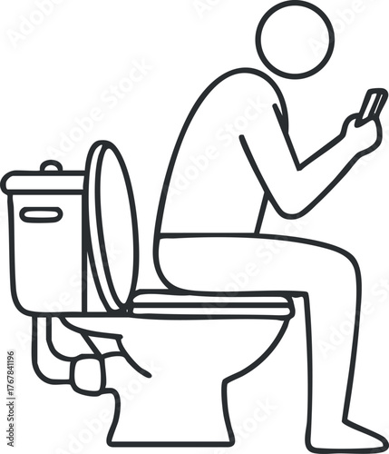 Person sitting on a toilet using a smartphone in a humorous bathroom illustration