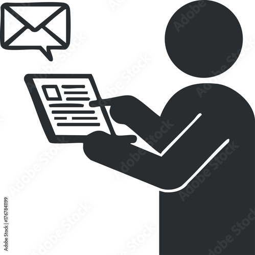 A graphic illustration of a person receiving an email notification with a speech bubble.