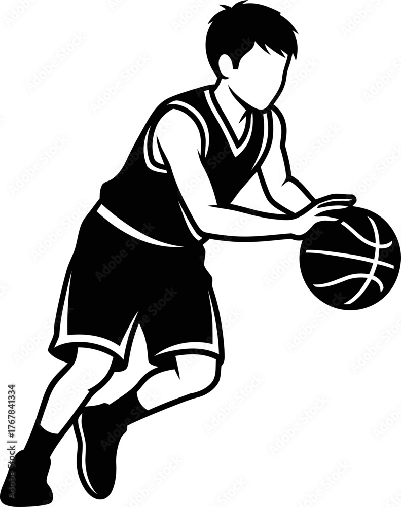 Fototapeta premium Boy playing basketball. Sport concept. Outline vector illustration on white background, for banner, poster, sticker, t-shirt design