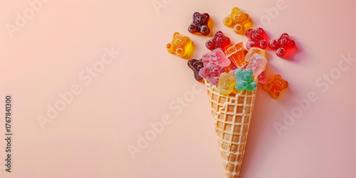 Gummy bears bursting from a delicious waffle cone