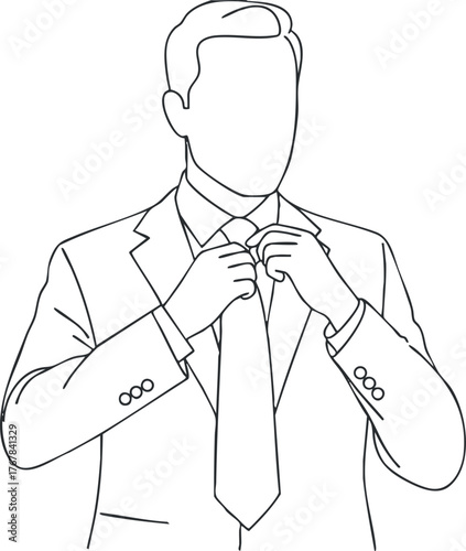 A man adjusting his tie while wearing a formal suit, representing professionalism and style.