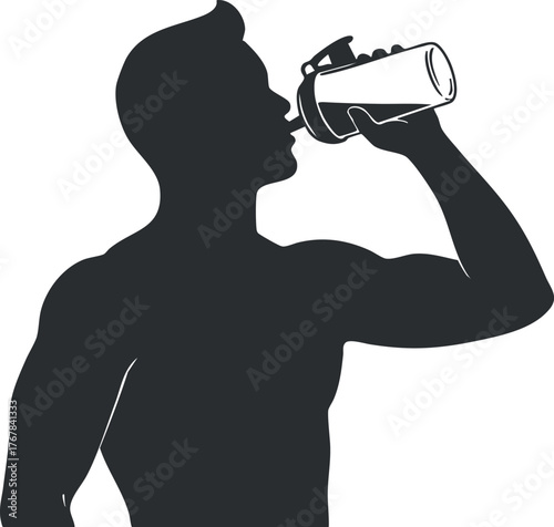 Silhouette of a man drinking from a shaker bottle, symbolizing fitness and hydration.