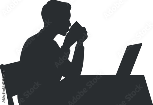 Silhouette of a person sitting at a desk enjoying coffee while working on a laptop.