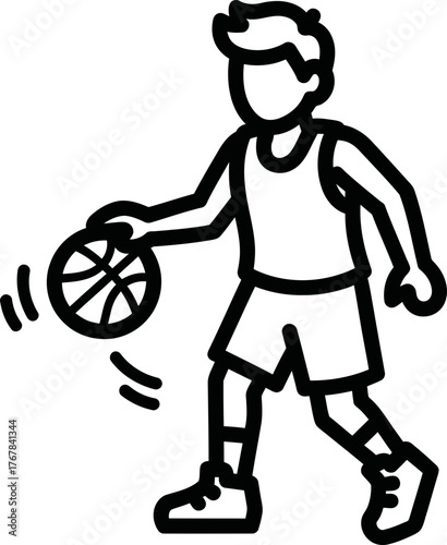 Kid dribbling a basketball. Youth sport activity. Cartoon black outline icon for game, playground, athlete concept. Vector illustration