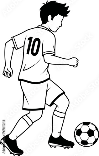 Boy dribbling a football. Sport activity and youth game concept. Black and white vector illustration for coloring book, icon, or logo