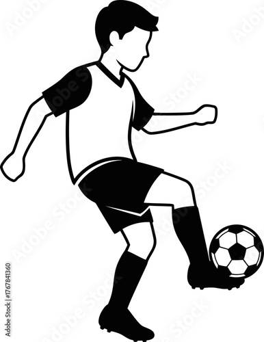 Little boy playing soccer with ball practicing dribbling move. Youth sport activity. Simple black and white vector outline illustration