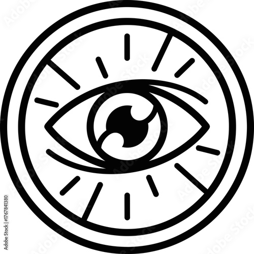 All-seeing eye symbol, a mystic occult vision icon within a circle, flat style vector illustration for logo, emblem, tatoo, or t-shirt print