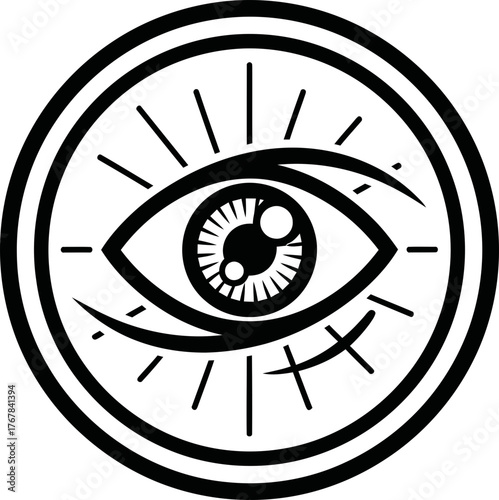 All-seeing eye symbol with sunburst eye rays, inside a double circle frame, a mystic esoteric conspiracy sign. Vector icon illustration.
