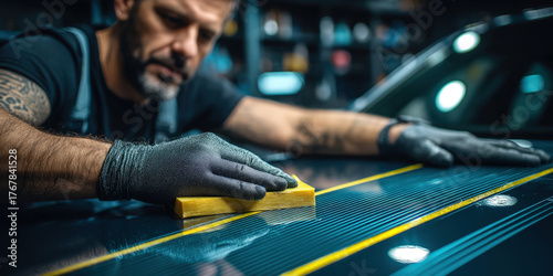 Hands applying masking tape precisely on car body panel in auto repair shop